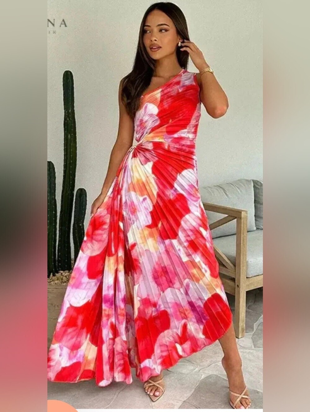 Women’s One Shoulder Floral Pleated Maxi Dress Pink Red Cutout Size L Excellent